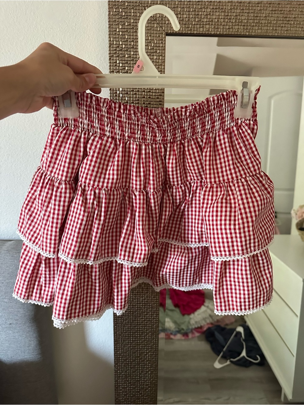 Amazon Red Gingham Tiered Mini Skirt